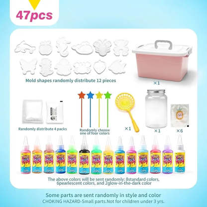 A product bundle listing for a children's craft paint kit, showing 47 pieces including 12 mold shapes, a pink storage box, paint bottles in multiple colors, a yellow paint brush, and other accessories on a light blue and white background.