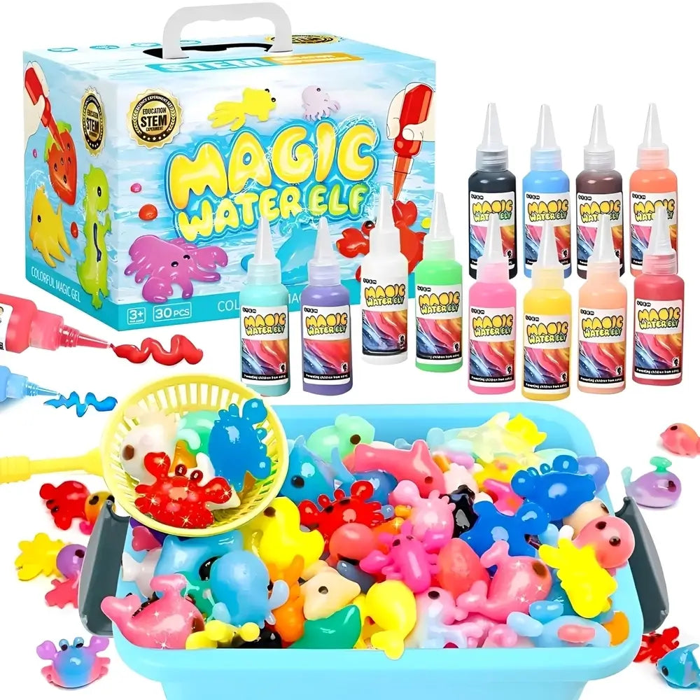 Magic Water Elf toy set with packaging, bottles, and toys in a bathtub