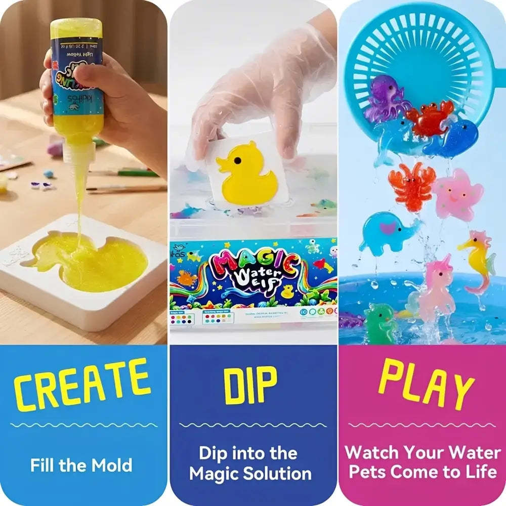 Three-panel promotional collage for a magic water pet toy set. Left panel shows a hand squeezing yellow liquid into a mold.