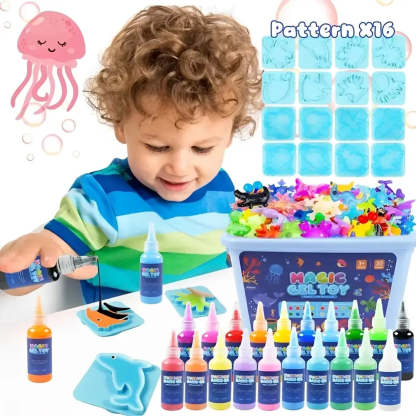 A young child is shown using a magic gel toy kit, pouring black gel paint onto a blue dinosaur-shaped mold. The kit includes a large tub filled with colorful plastic toy pieces, multiple bottles of colored gel paint, and a sheet of 16 blue pattern molds.