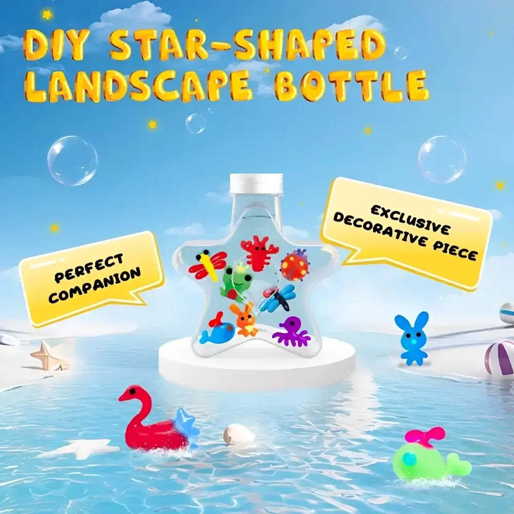 A clear star-shaped bottle filled with colorful toy-like decorations, displayed on a white pedestal in a blue water-themed scene. Large text reads 'DIY STAR-SHAPED LANDSCAPE BOTTLE,' with speech bubbles saying 'PERFECT COMPANION' and 'EXCLUSIVE DECORATIVE PIECE.