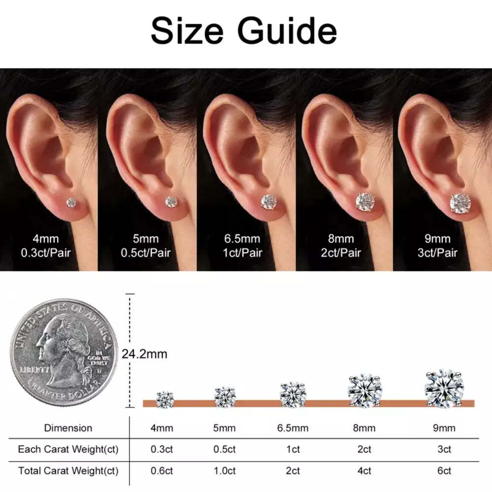 Moissanite stud earrings available in 4 mm, 5 mm, 6.5 mm, 8 mm and 9 mm sizes