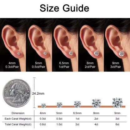 Moissanite stud earrings available in 4 mm, 5 mm, 6.5 mm, 8 mm and 9 mm sizes