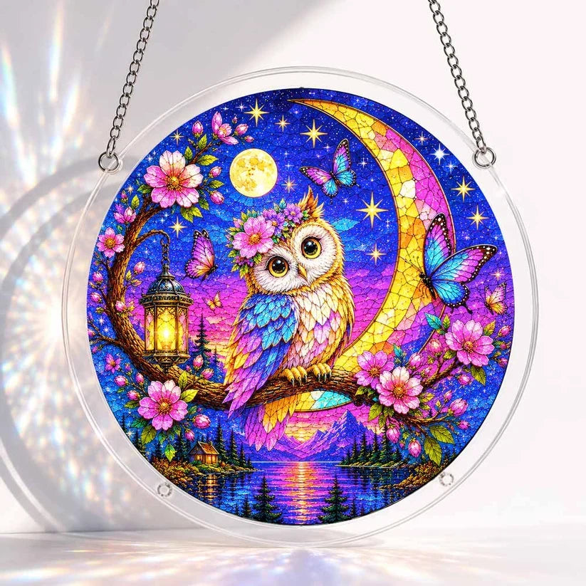 A round acrylic suncatcher with a colorful owl on a blossoming branch under a crescent moon butterflies and a lantern