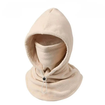 A beige fleece hooded neck warmer balaclava with a built-in face mask and a small black button with a white cord pull, shown on a plain white background.