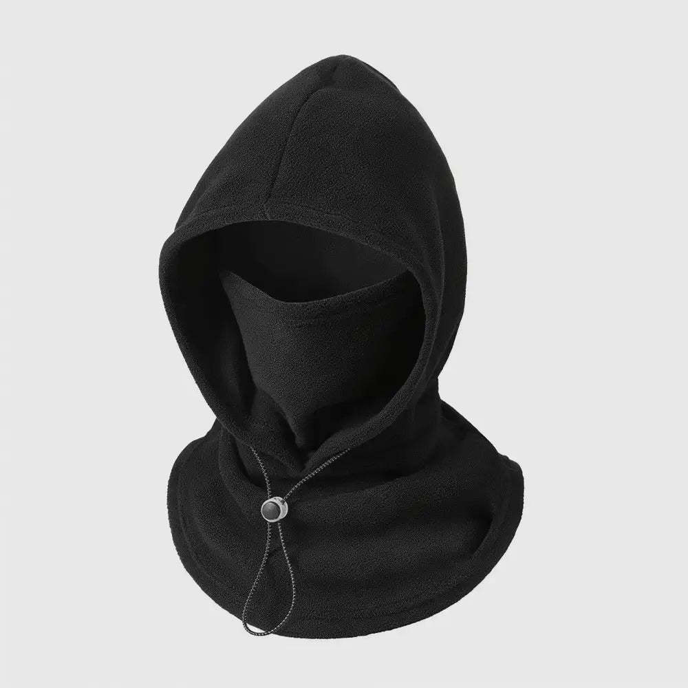 A black fleece balaclava hood with an integrated face mask and a silver metal toggle drawstring, shown on a neutral light gray background.
