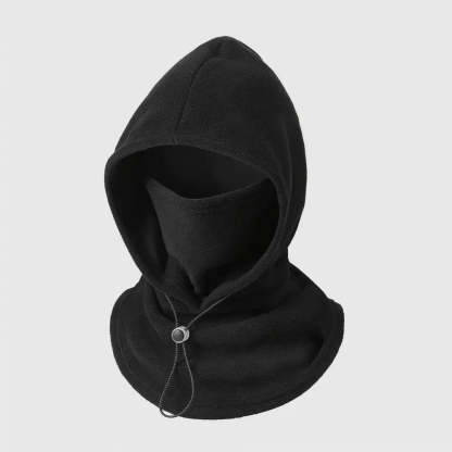 A black fleece balaclava hood with an integrated face mask and a silver metal toggle drawstring, shown on a neutral light gray background.