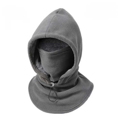 A dark gray fleece balaclava hood with an integrated neck gaiter and drawstring, displayed on a clean white background.