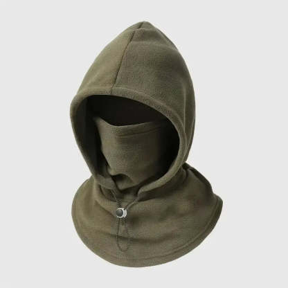 An olive green fleece balaclava hood with an integrated neck gaiter and a small silver metal slider, shown against a light gray background.
