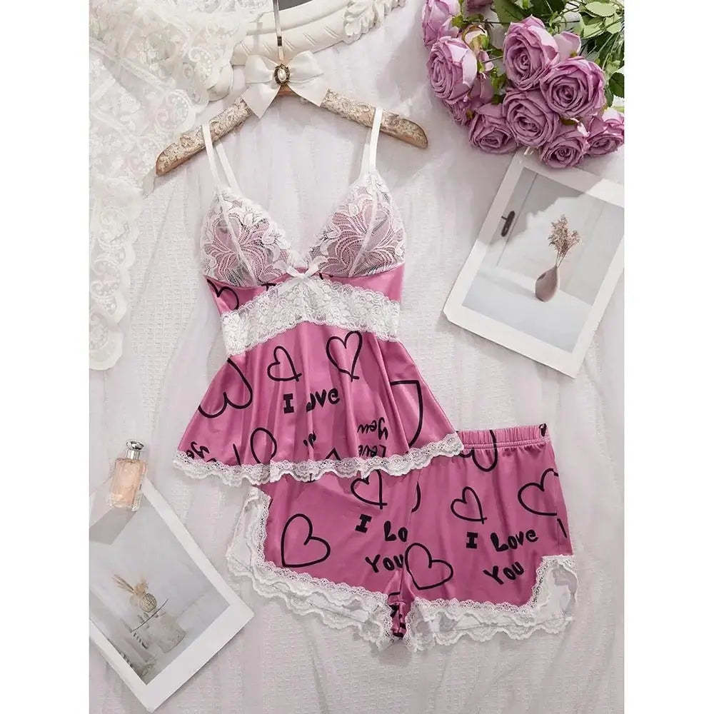 Purple women's pajama set with love and heart print, lace trim tank top and shorts