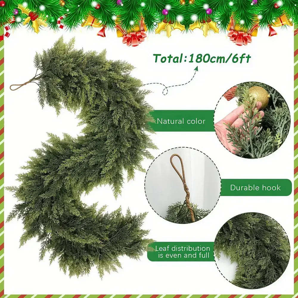 Green artificial garland with text detailing its features on a festive border.