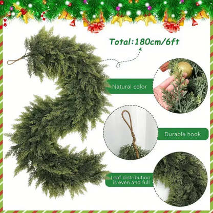 Green artificial garland with text detailing its features on a festive border.