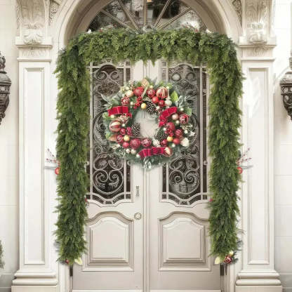 A festive Christmas wreath with red ribbons, ornaments, pinecones, and green foliage hangs on a double front door, framed by a matching green garland draped over an arched doorway.