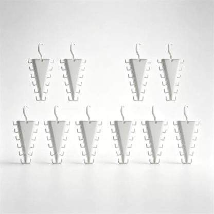 Nine white plastic jewelry display stands arranged in two rows on a clean white background.