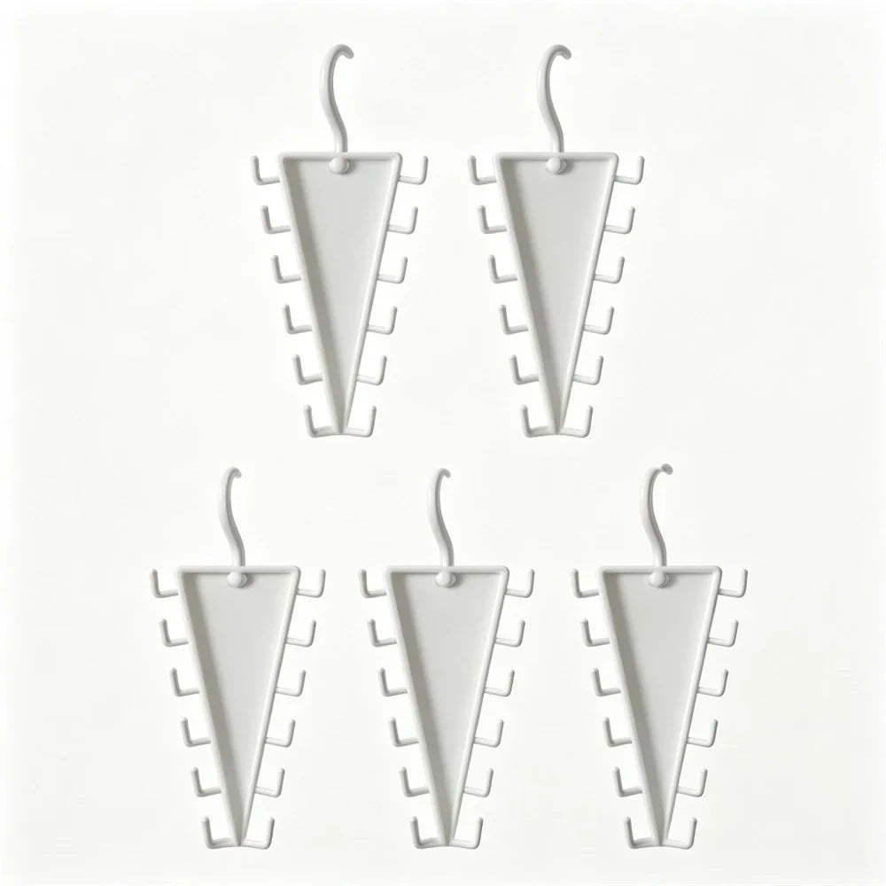 Five white plastic cone-shaped jewelry display stands with hook hangers, arranged on a plain white background.