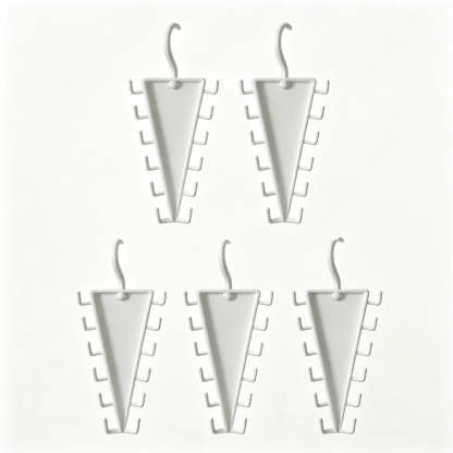 Five white plastic cone-shaped jewelry display stands with hook hangers, arranged on a plain white background.