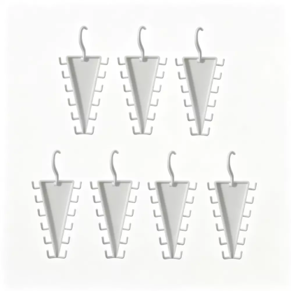 Six white plastic jewelry display hooks arranged in two rows on a plain white background.