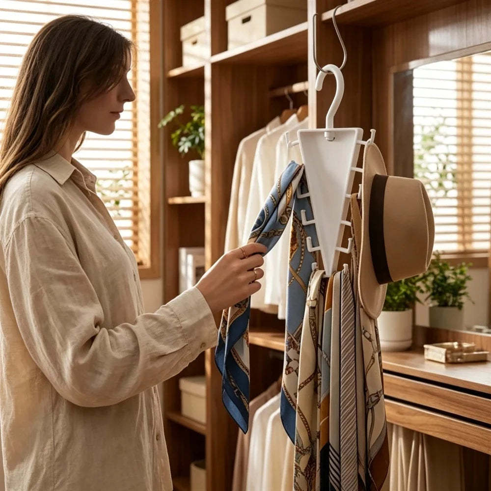 A woman in a beige linen shirt hangs a blue patterned scarf on a white wall-mounted organizer, with other scarves, a hat, and folded garments visible in a warm, wood-toned closet or dressing area.