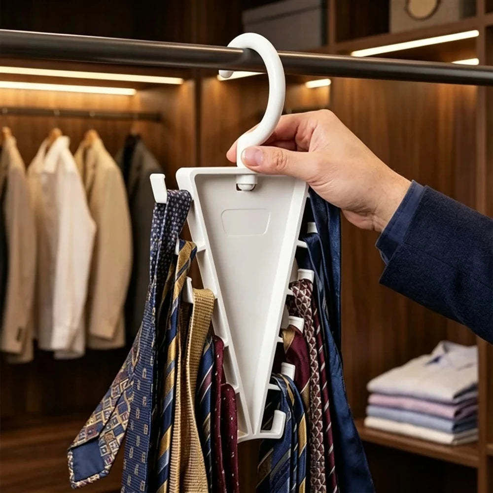 A hand holding a white plastic multi-tycoon hanger filled with neckties, shown hanging from a closet rod in a wooden walk-in closet.