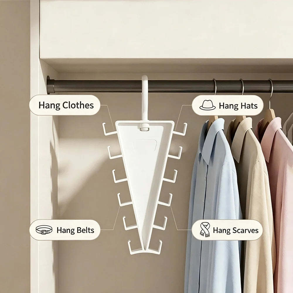 A white triangular hanging organizer rack shown inside a closet, with labeled callouts for hanging clothes, hats, belts, and scarves. Several garments are hanging on the right side.