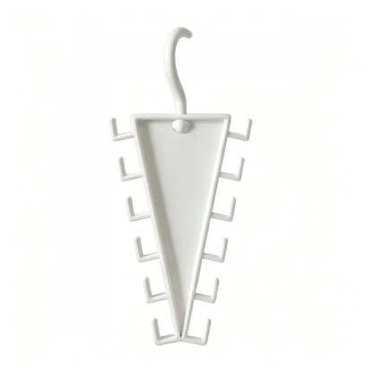 A white plastic umbrella stand with a hook at the top and multiple side slots, shown against a plain white background.