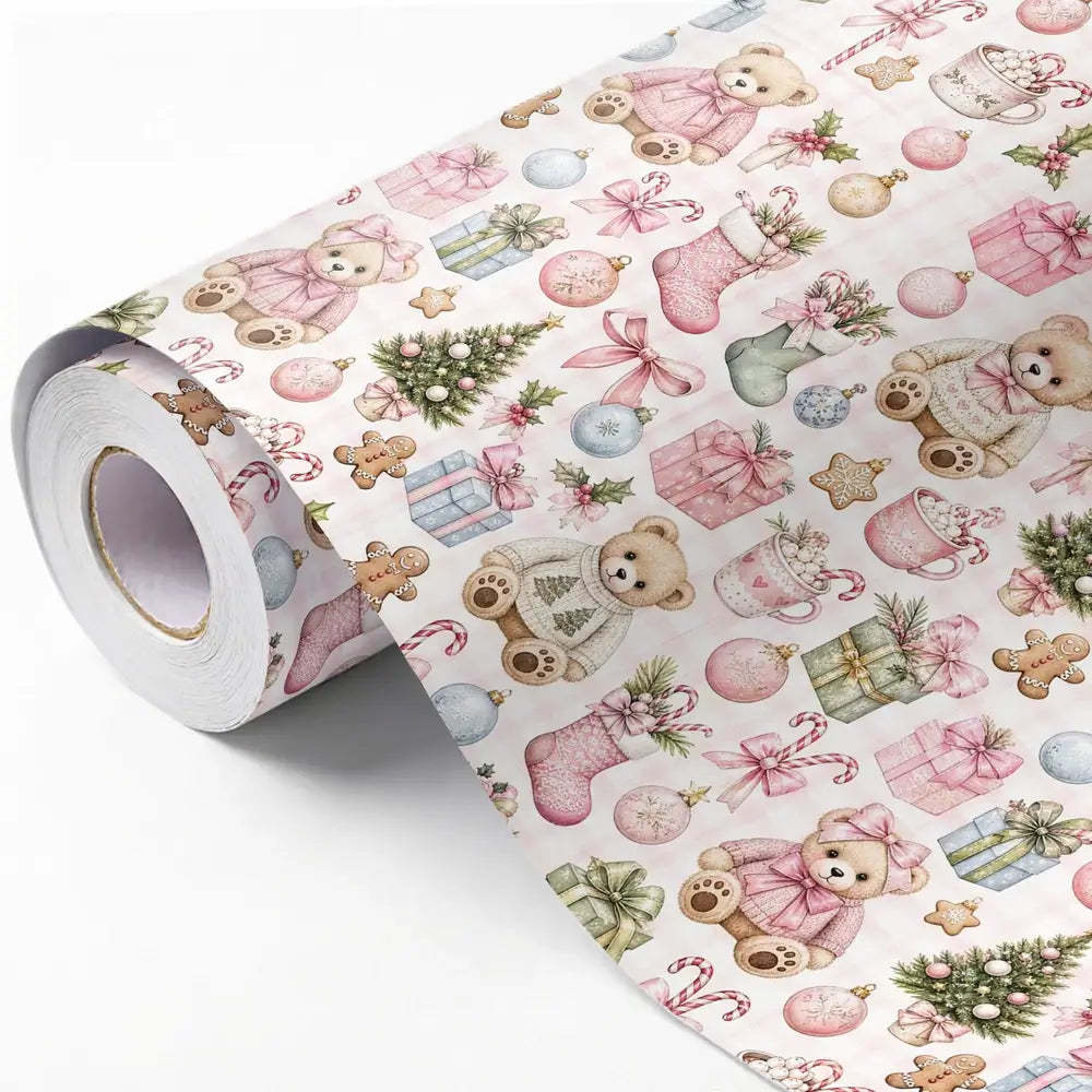 Christmas gift wrap featuring a teddy bear holiday design