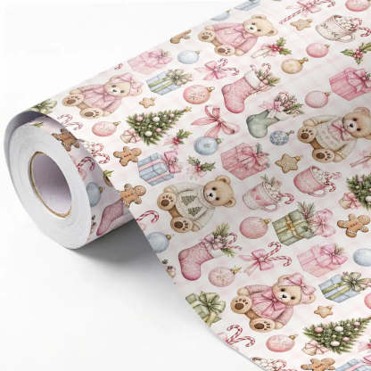 Christmas gift wrap featuring a teddy bear holiday design