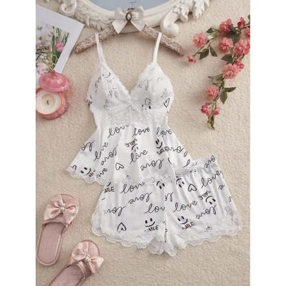 White women's pajama set with love lettering, heart and smiley print