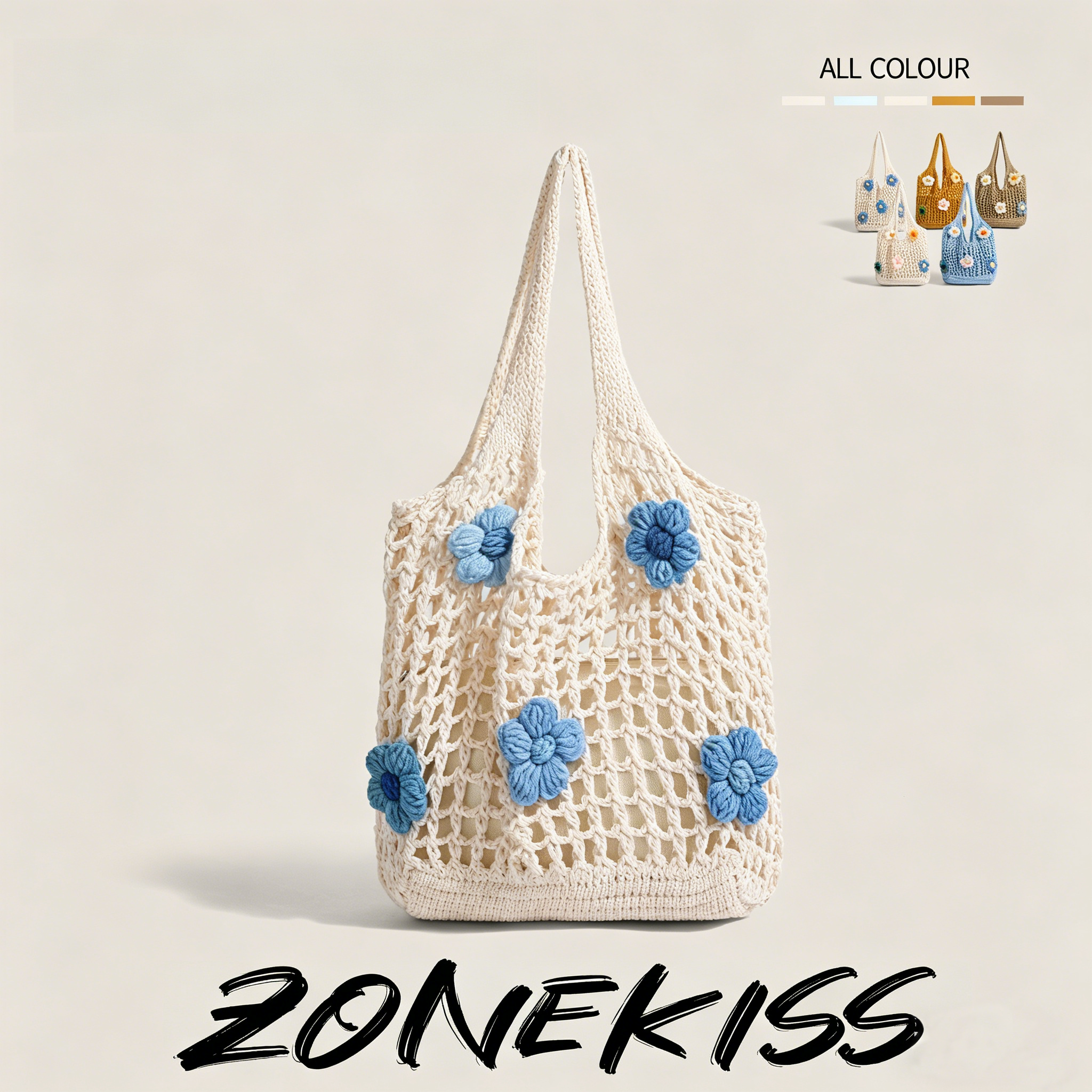 Zonekiss 3D Flower Handmade Crochet Woven Tote Bag With Detachable Inner Pouch