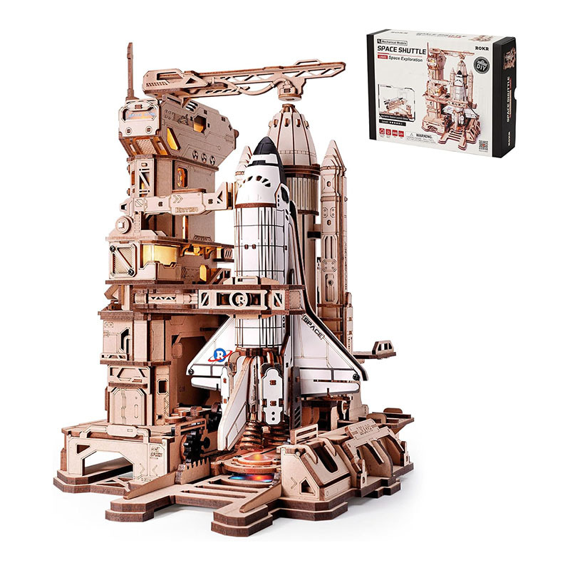 3D Dynamic Wooden Puzzles Space Shuttle Launch Base with Motorized Lift, LED Light Effects