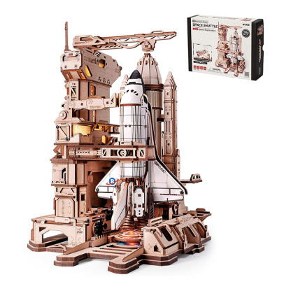 3D Dynamic Wooden Puzzles Space Shuttle Launch Base with Motorized Lift, LED Light Effects