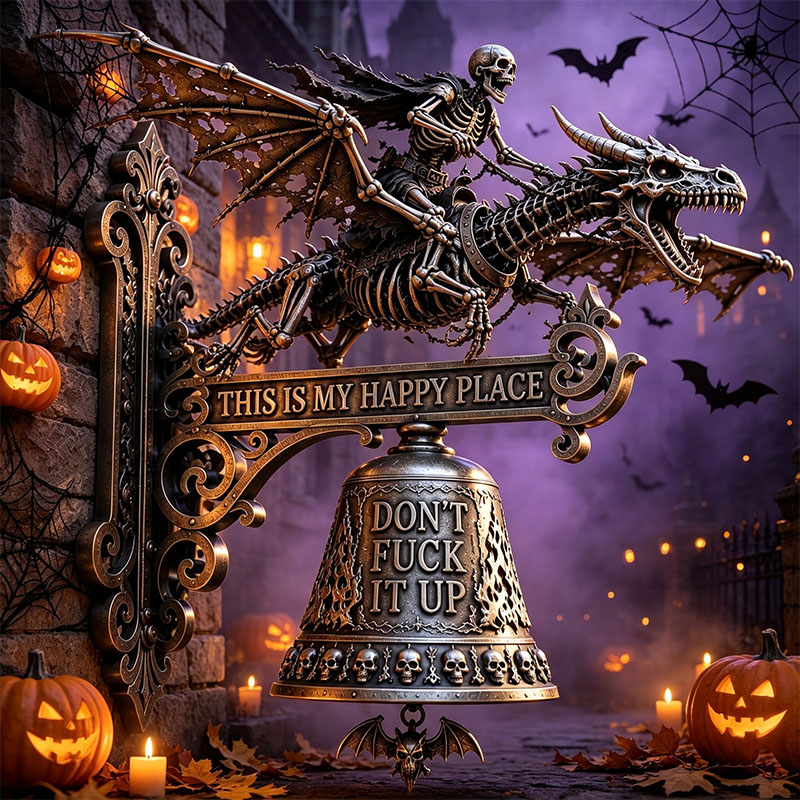 🐉 Skull Dragon Rider Bell – “This Is My Happy Place” Wall Bell