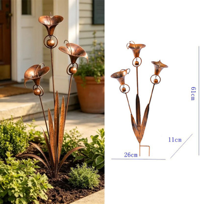 🏡Flamed Copper Three Calla Lilies Garden Stake with Bells