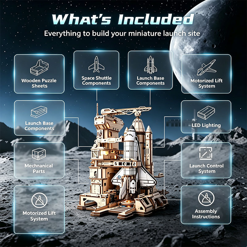 🚀3D Dynamic Wooden Puzzles Space Shuttle Launch Base with Motorized Lift, LED Light Effects