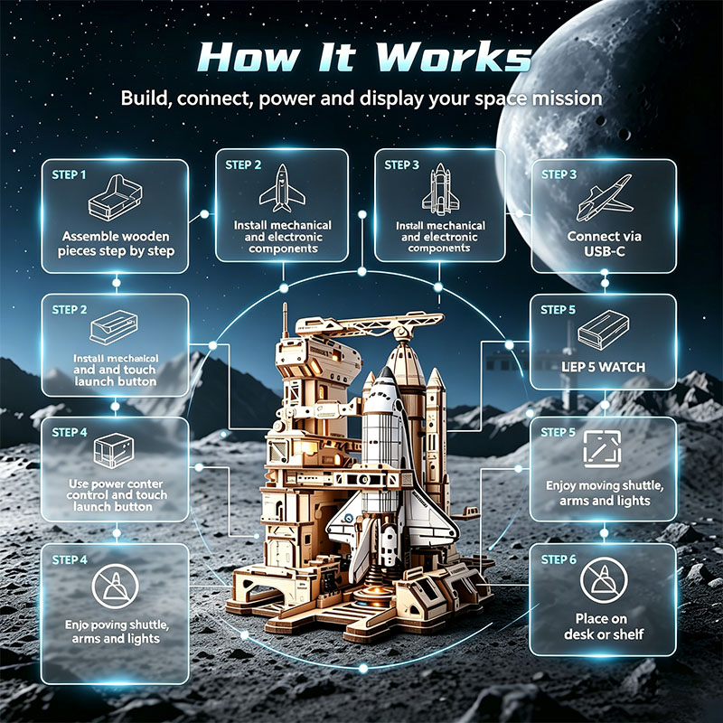 🚀3D Dynamic Wooden Puzzles Space Shuttle Launch Base with Motorized Lift, LED Light Effects