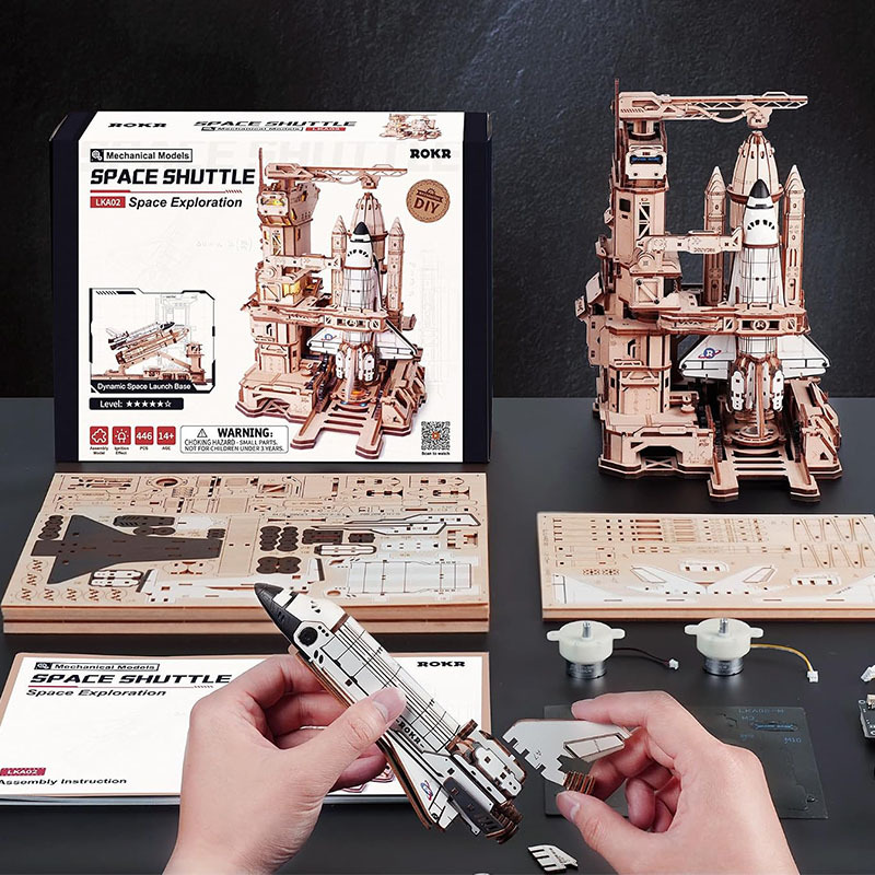 🚀3D Dynamic Wooden Puzzles Space Shuttle Launch Base with Motorized Lift, LED Light Effects