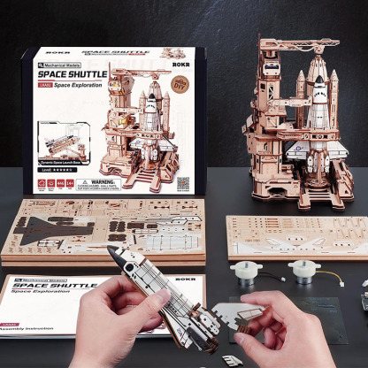 🚀3D Dynamic Wooden Puzzles Space Shuttle Launch Base with Motorized Lift, LED Light Effects