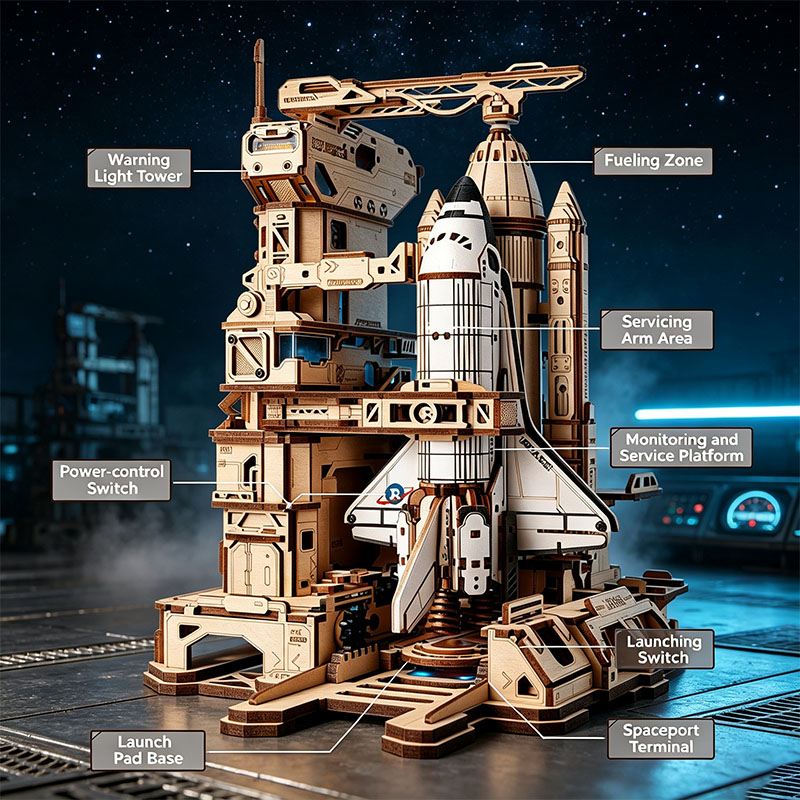🚀3D Dynamic Wooden Puzzles Space Shuttle Launch Base with Motorized Lift, LED Light Effects