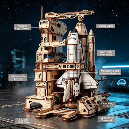 🚀3D Dynamic Wooden Puzzles Space Shuttle Launch Base with Motorized Lift, LED Light Effects