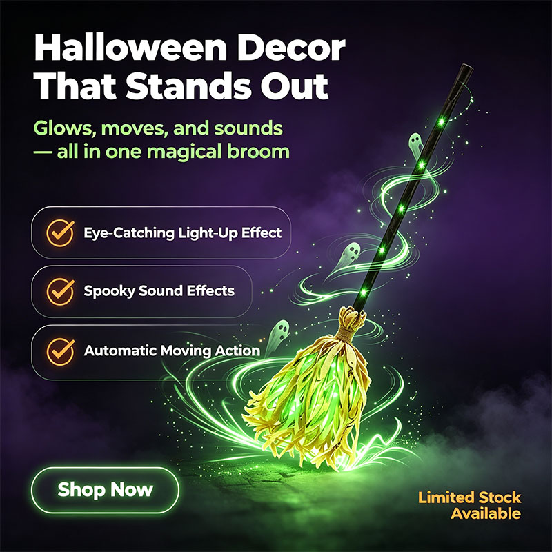 🧹Light-Up Magic Witch's Broom That Moves Automatically And Plays Sound Effects