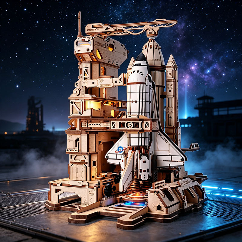 🚀3D Dynamic Wooden Puzzles Space Shuttle Launch Base with Motorized Lift, LED Light Effects