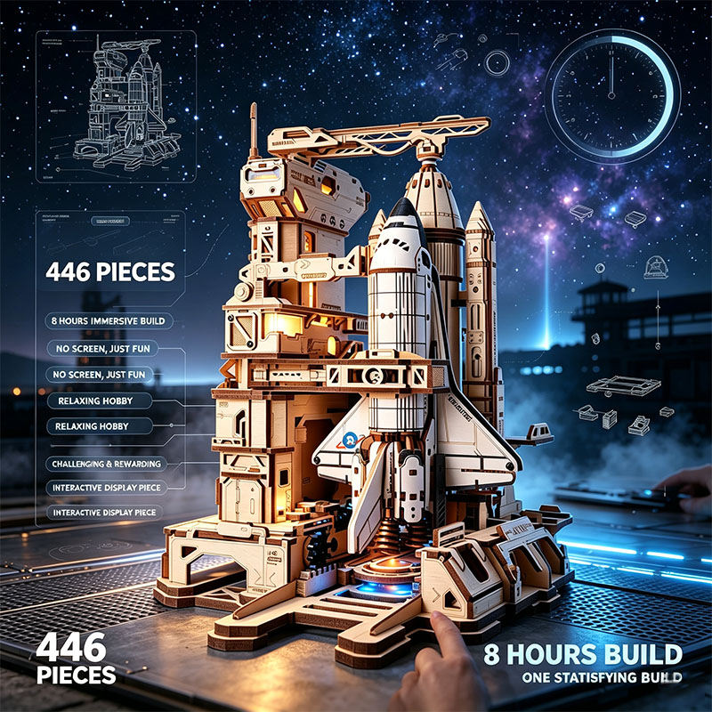 🚀3D Dynamic Wooden Puzzles Space Shuttle Launch Base with Motorized Lift, LED Light Effects