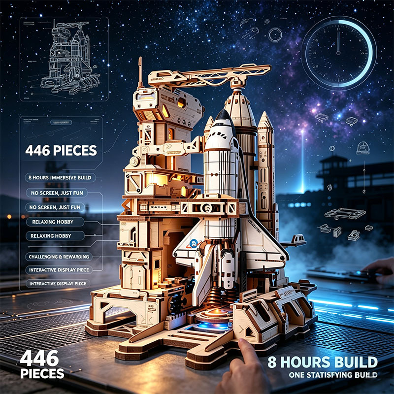 🚀3D Dynamic Wooden Puzzles Space Shuttle Launch Base with Motorized Lift, LED Light Effects