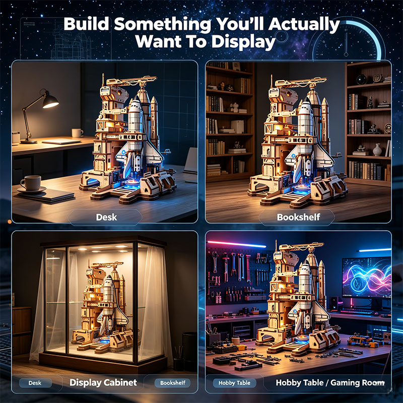 🚀3D Dynamic Wooden Puzzles Space Shuttle Launch Base with Motorized Lift, LED Light Effects