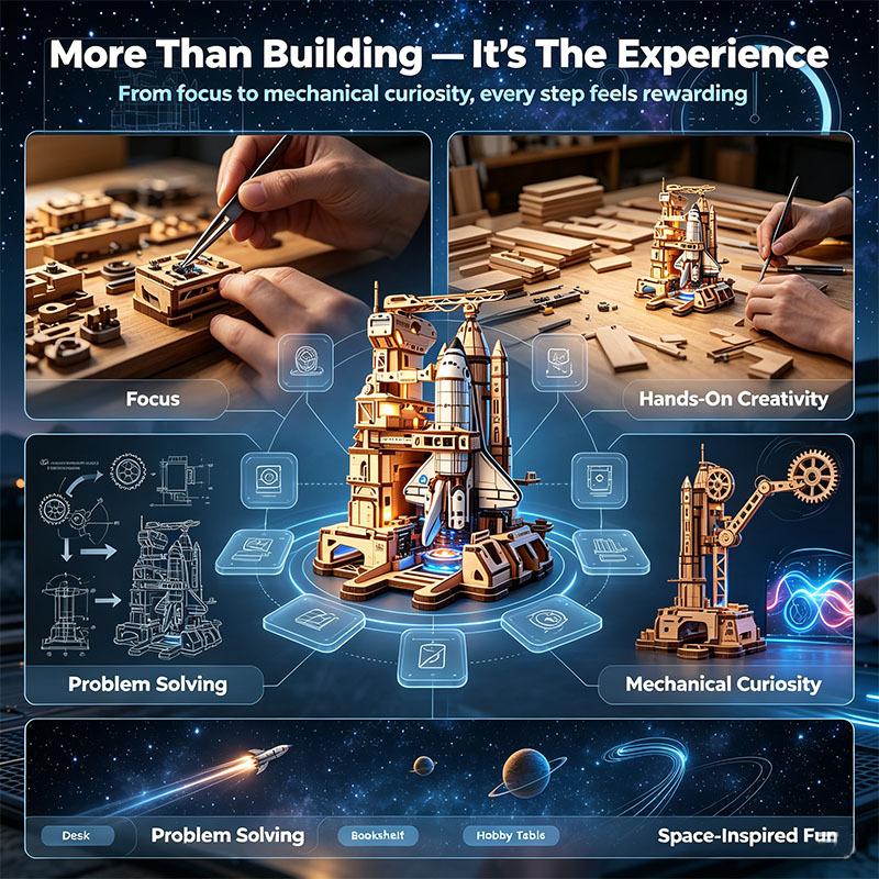 🚀3D Dynamic Wooden Puzzles Space Shuttle Launch Base with Motorized Lift, LED Light Effects
