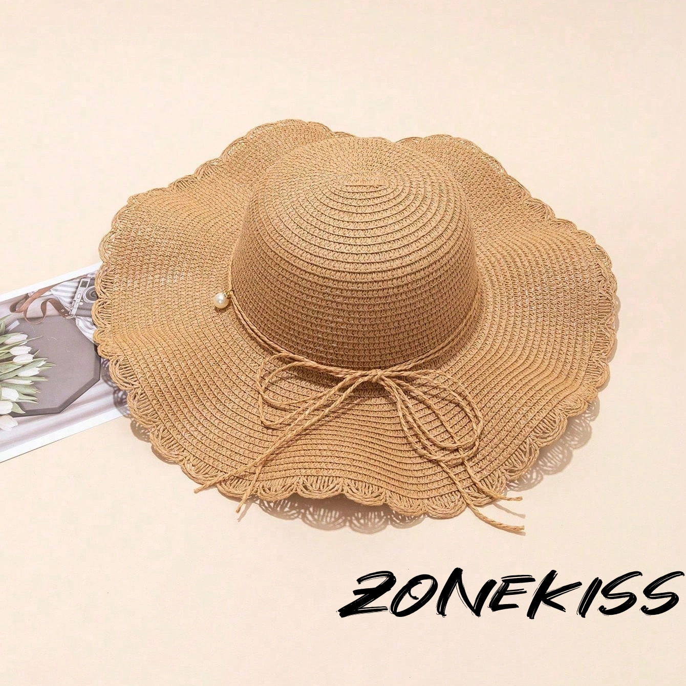 Luxury Pearl Bow Wide Brim Straw Hat, Summer Vacation Sun Protection Hat for Elegant Ladies
