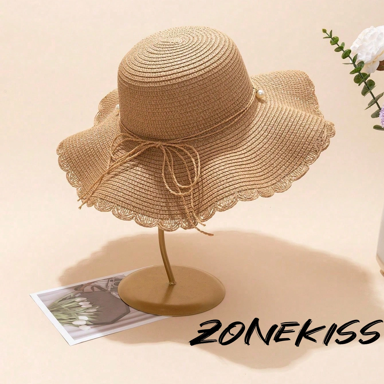 Luxury Pearl Bow Wide Brim Straw Hat, Summer Vacation Sun Protection Hat for Elegant Ladies