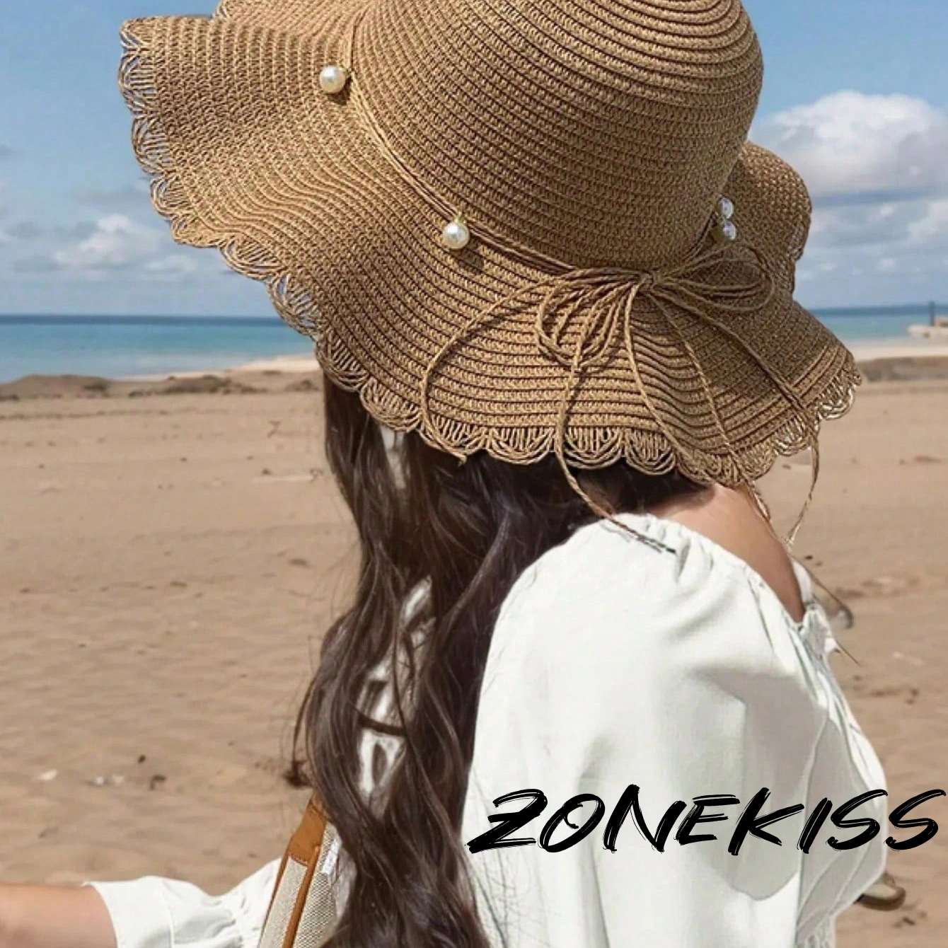Luxury Pearl Bow Wide Brim Straw Hat, Summer Vacation Sun Protection Hat for Elegant Ladies