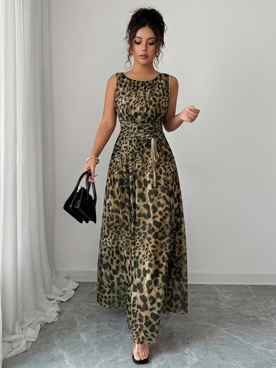 Elegancka i świeża, kwiatowa siateczka w kolorze morelowym, z okrągłym dekoltem i ściągaczem w kształcie litery A, długa sukienka bez rękawów dla kobiet