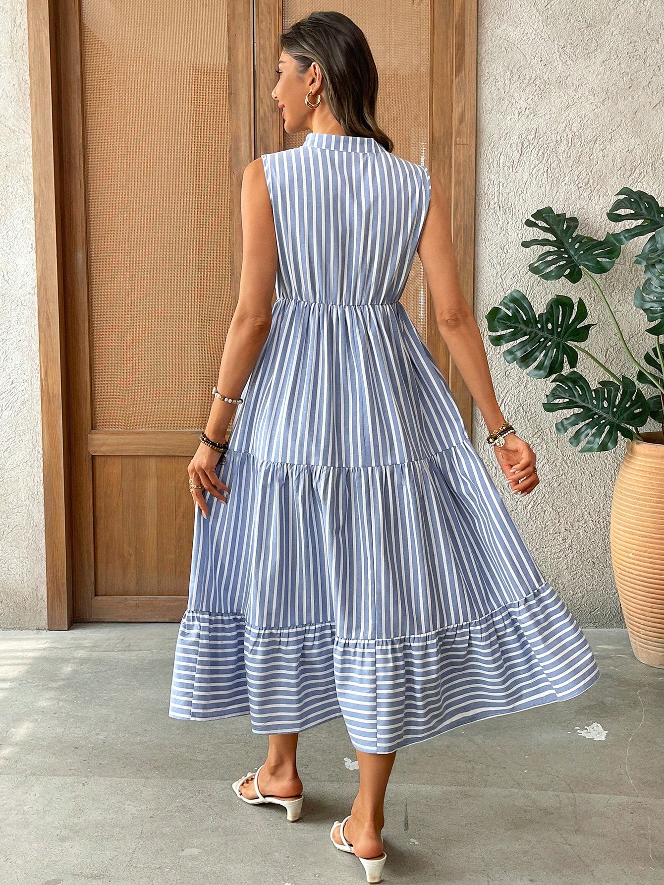 Women's Sleeveless V-Neck Striped Cotton Tiered Midi Dress - Casual Summer Resort Wear Sundress